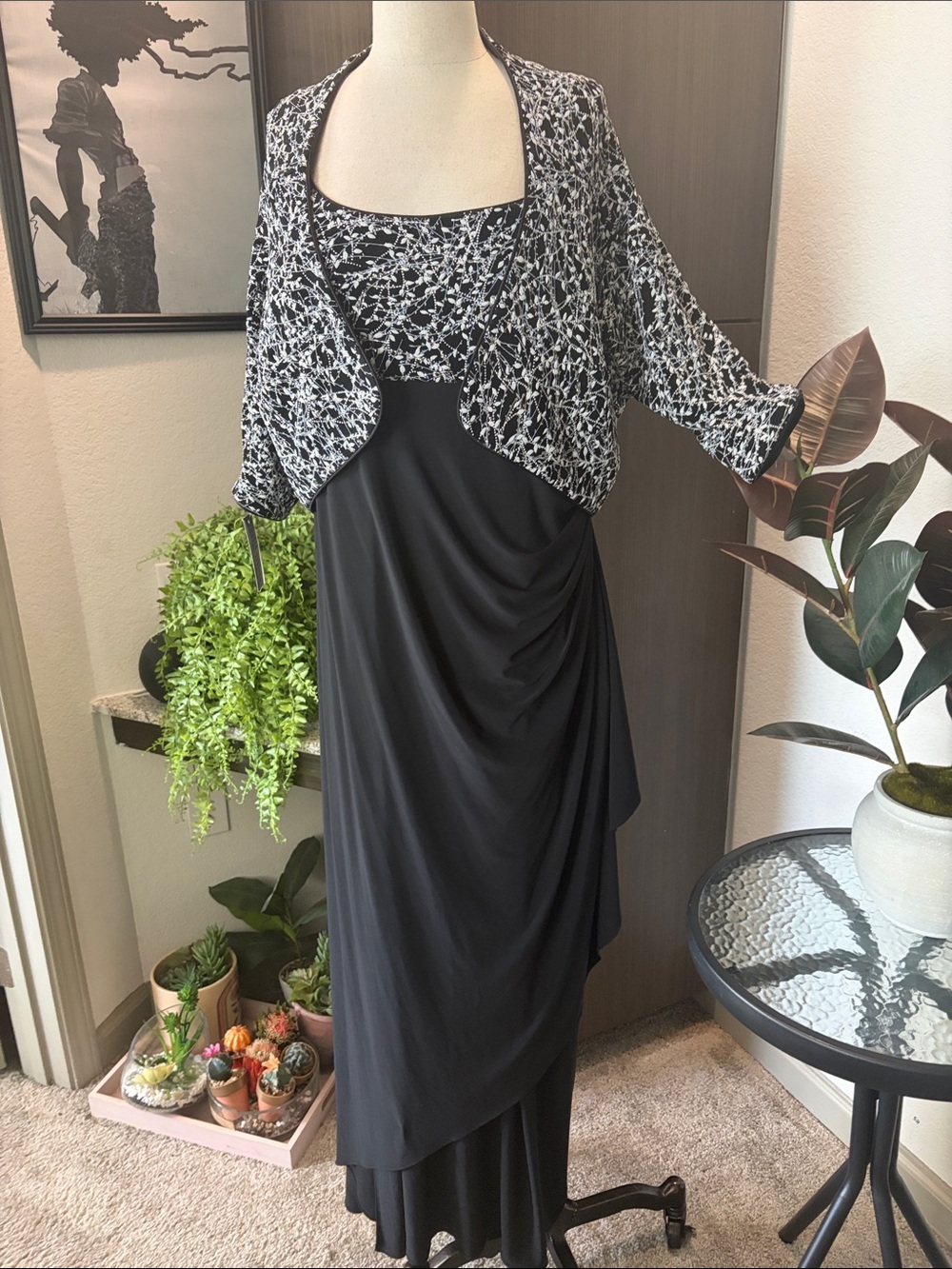 Alex Evenings Black and White Two-Piece Evening Gown with Patterned Bolero